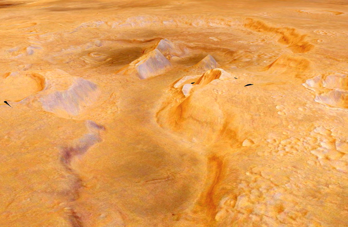 This image shows another candidate supervolcano on Mars, called Oxus Patera. The image was created by draping color images from the High Resolution Stereo Camera draped over digital elevation data from the same instrument. Image released Oct. 2, 2013.