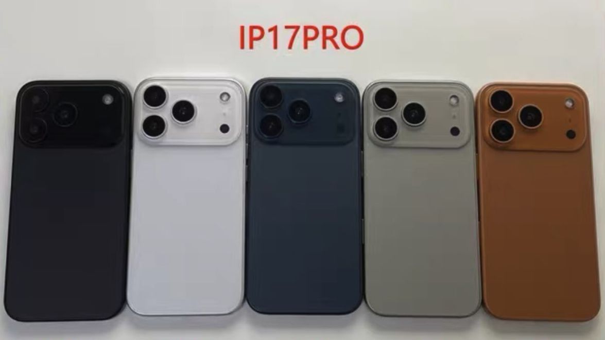 A leaked image of iPhone 17 Pro dummy units in five shades