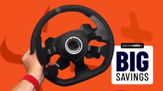 Logitech G Pro racing wheel review image on top of an orange GamesRadar+ background