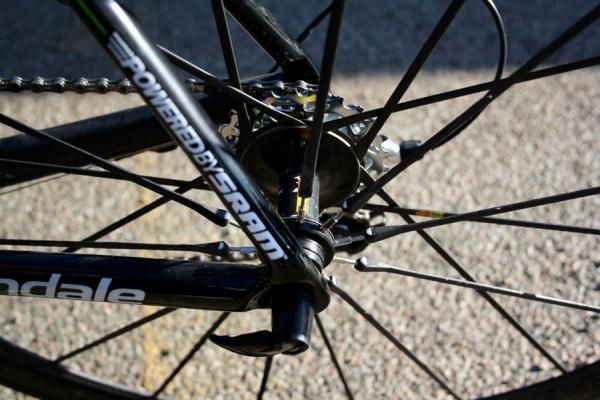 Threaded non-drive spokes on Mavic's Cosmic Carbone Ultimate allow mechanics to true the rear wheel when needed.