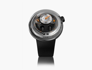 H0 Orange with titanium case, unstructured, fluid hour display dial and rubber strap with titanium deployant buckle