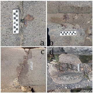 Iron remains found on Pompeii's streets: an iron droplet (A), iron splatter (B) and an iron stain (D).