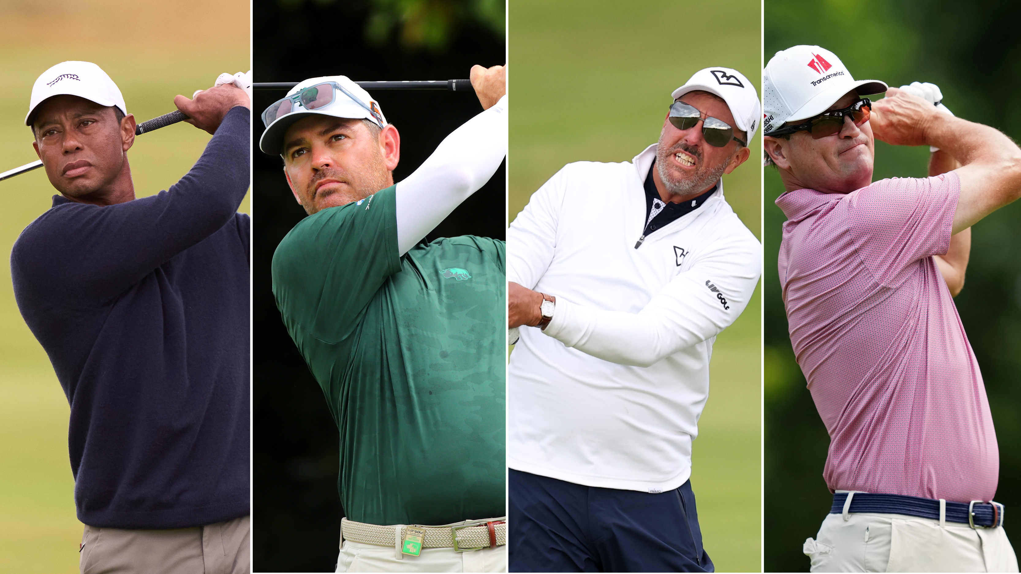 Tiger Woods, Louis Oosthuizen, Phil Mickelson and Zach Johnson hold their finish on golf shots