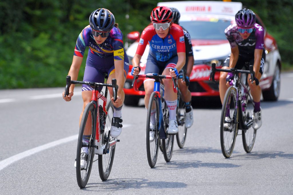 PRATO NEVOSO ITALY JULY 03 Elise Chabbey of Switzerland and Canyon SRAM Racing Team leads the Breakaway during the 32nd Giro dItalia Internazionale Femminile 2021 Stage 2 a 1001km stage from Boves to Prato Nevoso Colle del Prel 1607m GiroDonne UCIWWT on July 03 2021 in Prato Nevoso Italy Photo by Luc ClaessenGetty Images