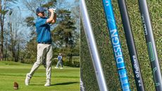 Golfer driving and a variety of shafts