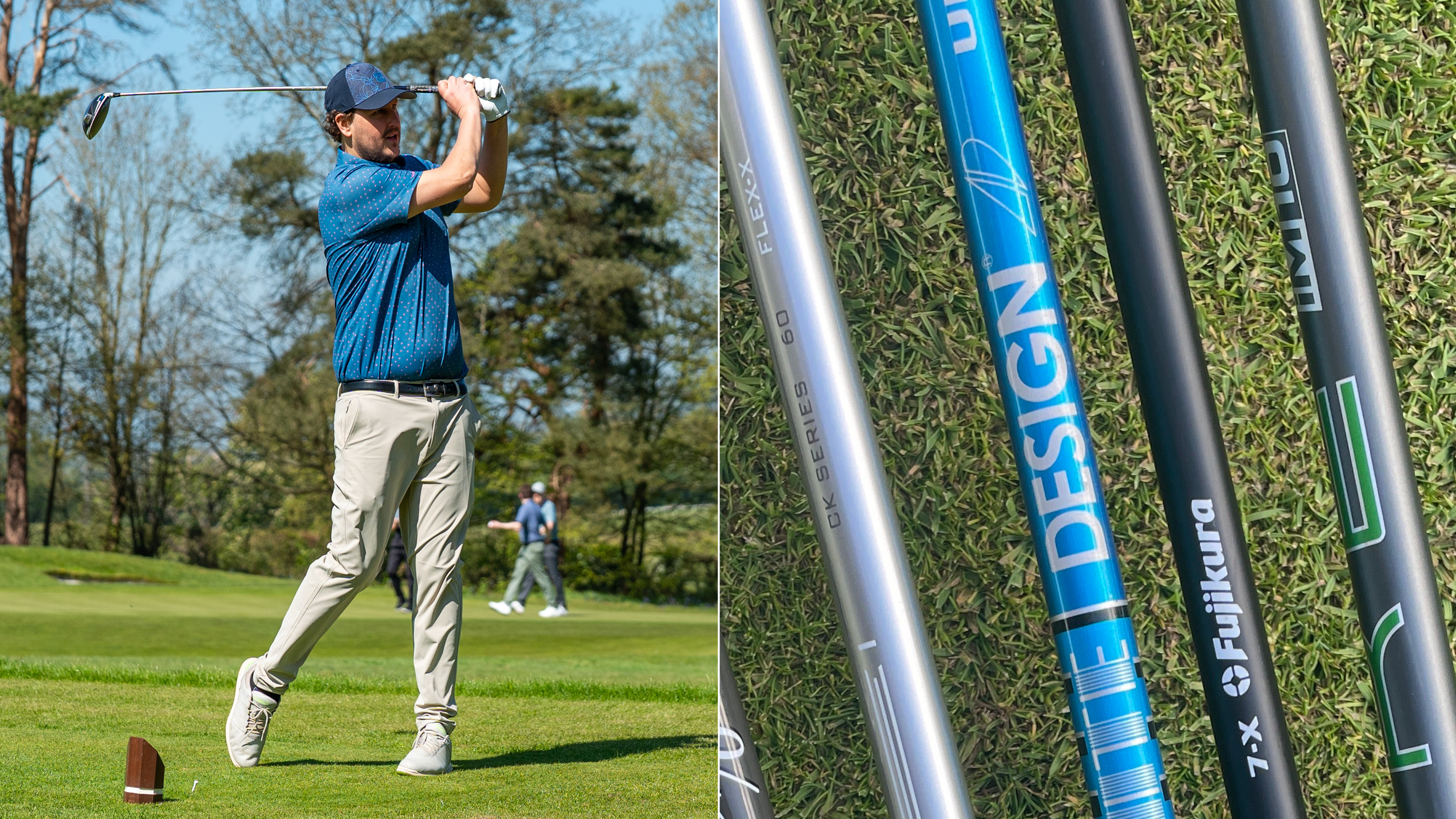 Golfer driving and a variety of shafts