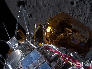 Intuitive Machines' Odysseus lander beams home a selfie in lunar orbit on Feb. 21, 2024.