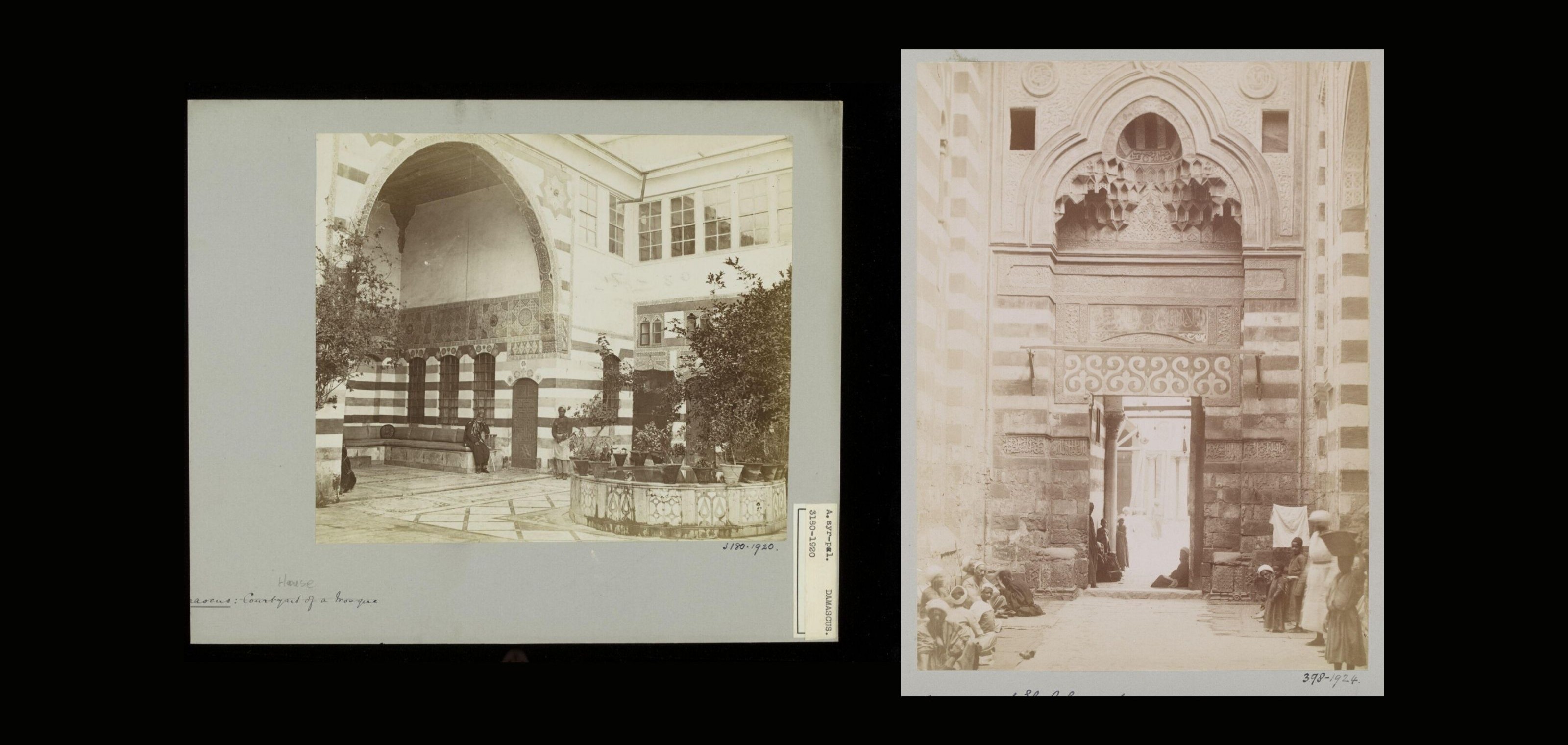 Two antique photographs in sepia monochrome lay against a black background, the first one portraying a courtyard with a tree and an arched wall, the second one the exterior of a mosque.