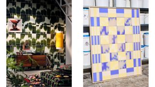 a green patterned wallpaper in a retro style home, a selection of yellow and blue tiles on a board in a warehouse