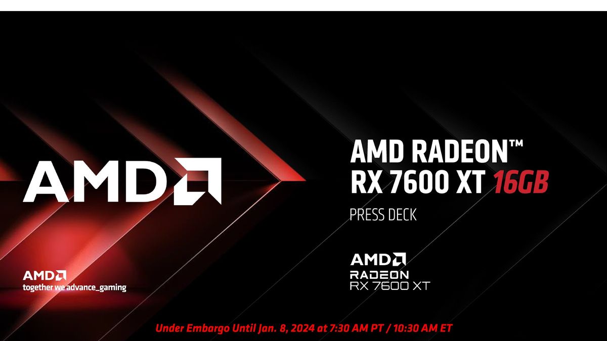 AMD Radeon RX 7600 XT announcement slides and cards