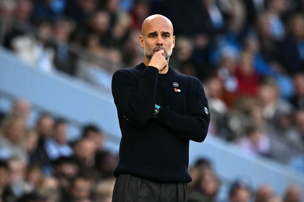 Manchester City&#039;s Spanish manager Pep Guardiola looks on from the sidelines during the English Premier League football match between Manchester City and Southampton at the Etihad Stadium in Manchester, north west England, on October 26, 2024. (Photo by Oli SCARFF / AFP) / RESTRICTED TO EDITORIAL USE. No use with unauthorized audio, video, data, fixture lists, club/league logos or &#039;live&#039; services. Online in-match use limited to 120 images. An additional 40 images may be used in extra time. No video emulation. Social media in-match use limited to 120 images. An additional 40 images may be used in extra time. No use in betting publications, games or single club/league/player publications. / (Photo by OLI SCARFF/AFP via Getty Images)