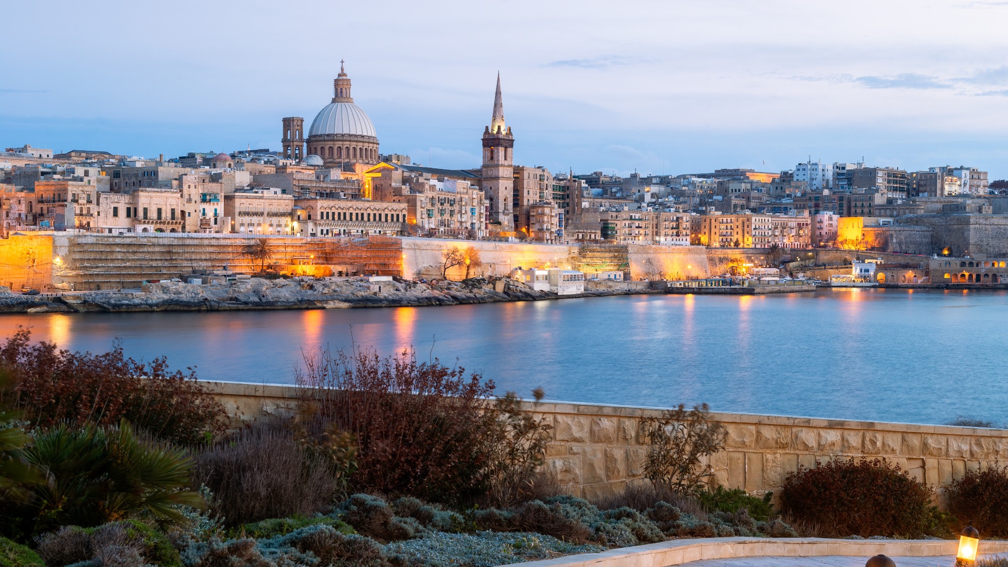 The Valletta, Malta, skyline at dusk