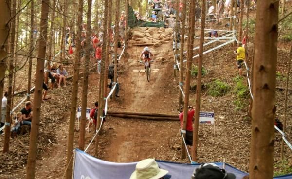 Andrew Watson of the Canadian National MTB Team has a clear line after exiting the rock garden during the Elite men's cross country race at the UCI MTB World Cup at Cascades in Pietermaritzburg