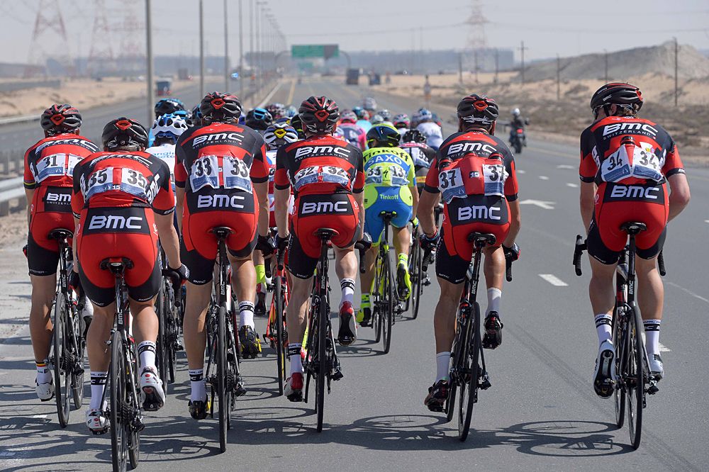 BMC Racing together in the field during stage 1 Dubai Tour