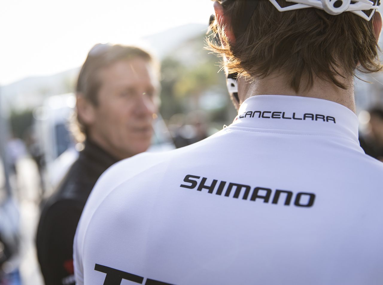 Fabian Cancellara talks to Dirk Demol
