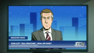 A Star City news presenter delivering a bulletin on a TV in Creature Commandos episode 7