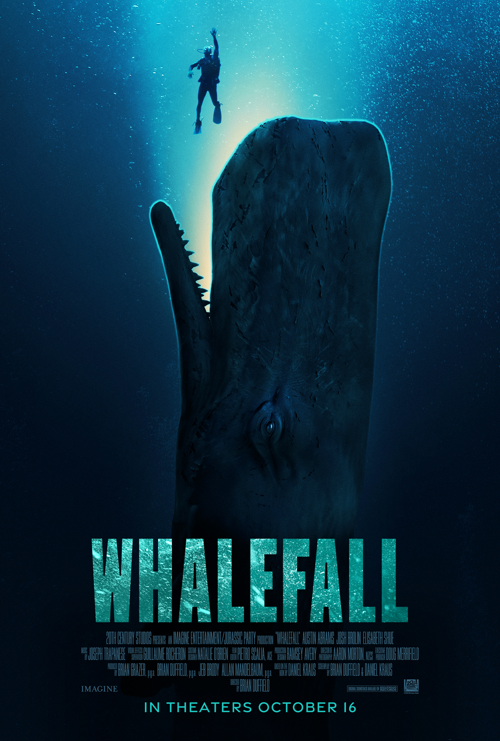 Whalefall poster showing a scuba diver hovering over a whale's open mouth