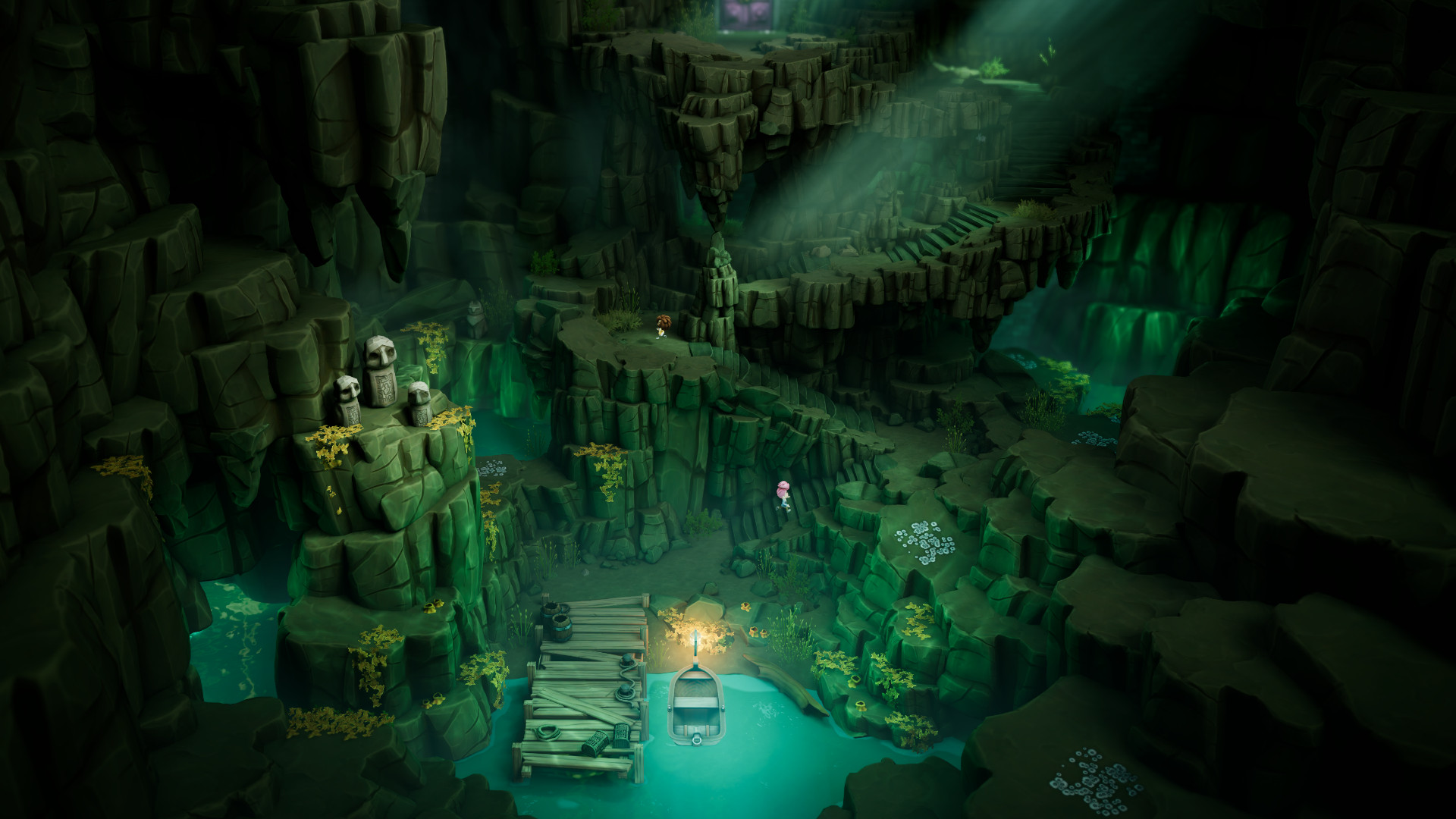 Two players running towards a door in the upcoming co-op game, Stage Fright