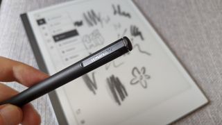 A close-up of the stylus for the ReMarkable 2 tablet