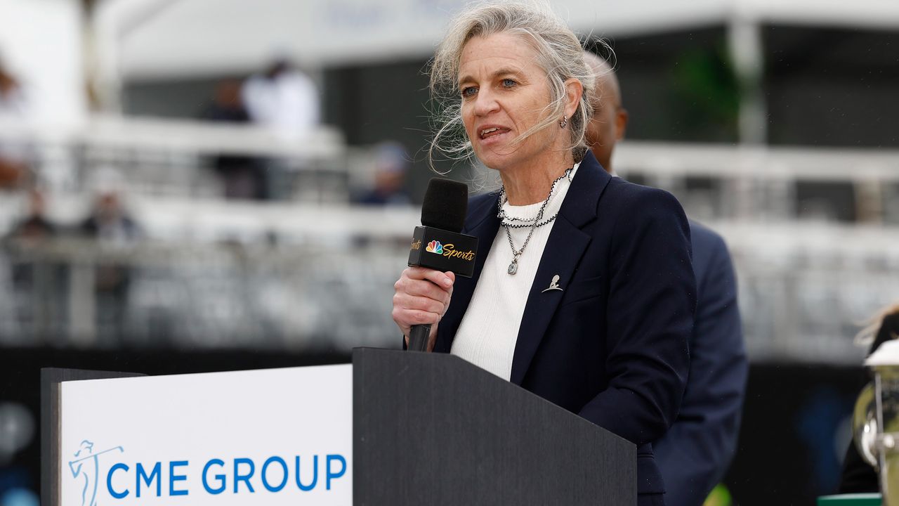 LPGA Commissioner Mollie Marcoux Samaan speaks during the trophy presentation after the final round of the CME Group Tour Championship at Tiburon Golf Club