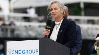 LPGA Commissioner Mollie Marcoux Samaan speaks during the trophy presentation after the final round of the CME Group Tour Championship at Tiburon Golf Club
