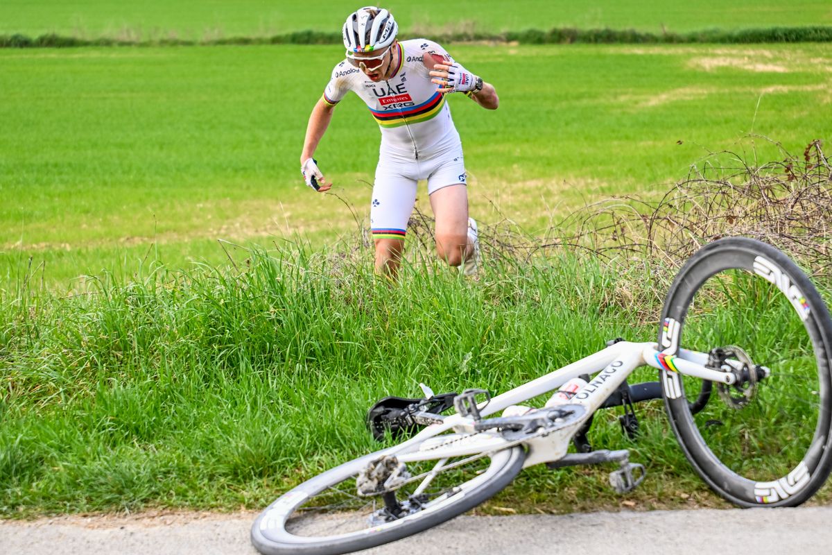 Mandatory Credit Photo by Shutterstock 15184944bnSlovenian Tadej Pogacar of UAE Team Emirates crashes during the men elite Strade Bianche one day cycling race 213km from and to Siena Italy on Saturday 08 March 2025Italy Cycling Strade Bianche Men Siena Italy 08 Mar 2025
