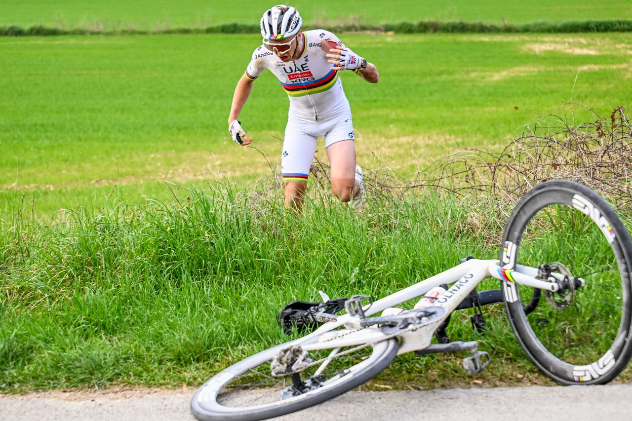 Mandatory Credit Photo by Shutterstock 15184944bnSlovenian Tadej Pogacar of UAE Team Emirates crashes during the men elite Strade Bianche one day cycling race 213km from and to Siena Italy on Saturday 08 March 2025Italy Cycling Strade Bianche Men Siena Italy 08 Mar 2025