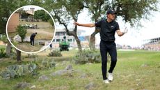 Main image of Jordan Spieth looking for his ball on 18 at TPC San Antonio in the 2024 Texas Open - inset Spieth hits onto the clubhouse roof