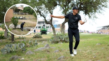 Main image of Jordan Spieth looking for his ball on 18 at TPC San Antonio in the 2024 Texas Open - inset Spieth hits onto the clubhouse roof