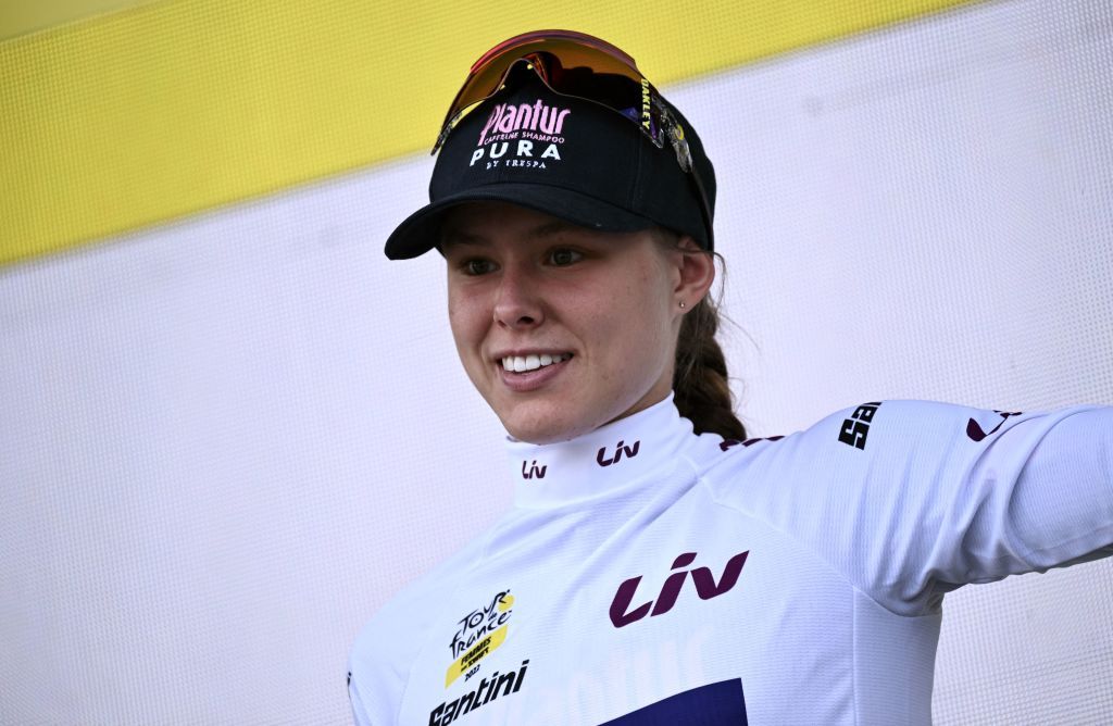 PlanturPuras Belgian rider Julie De Wilde celebrates her white jersey of best young rider on the podium at the end of the 4th stage of the new edition of the Womens Tour de France cycling race 1268 km between Troyes and BarsurAube eastern France on July 27 2022 Photo by Jeff PACHOUD AFP Photo by JEFF PACHOUDAFP via Getty Images