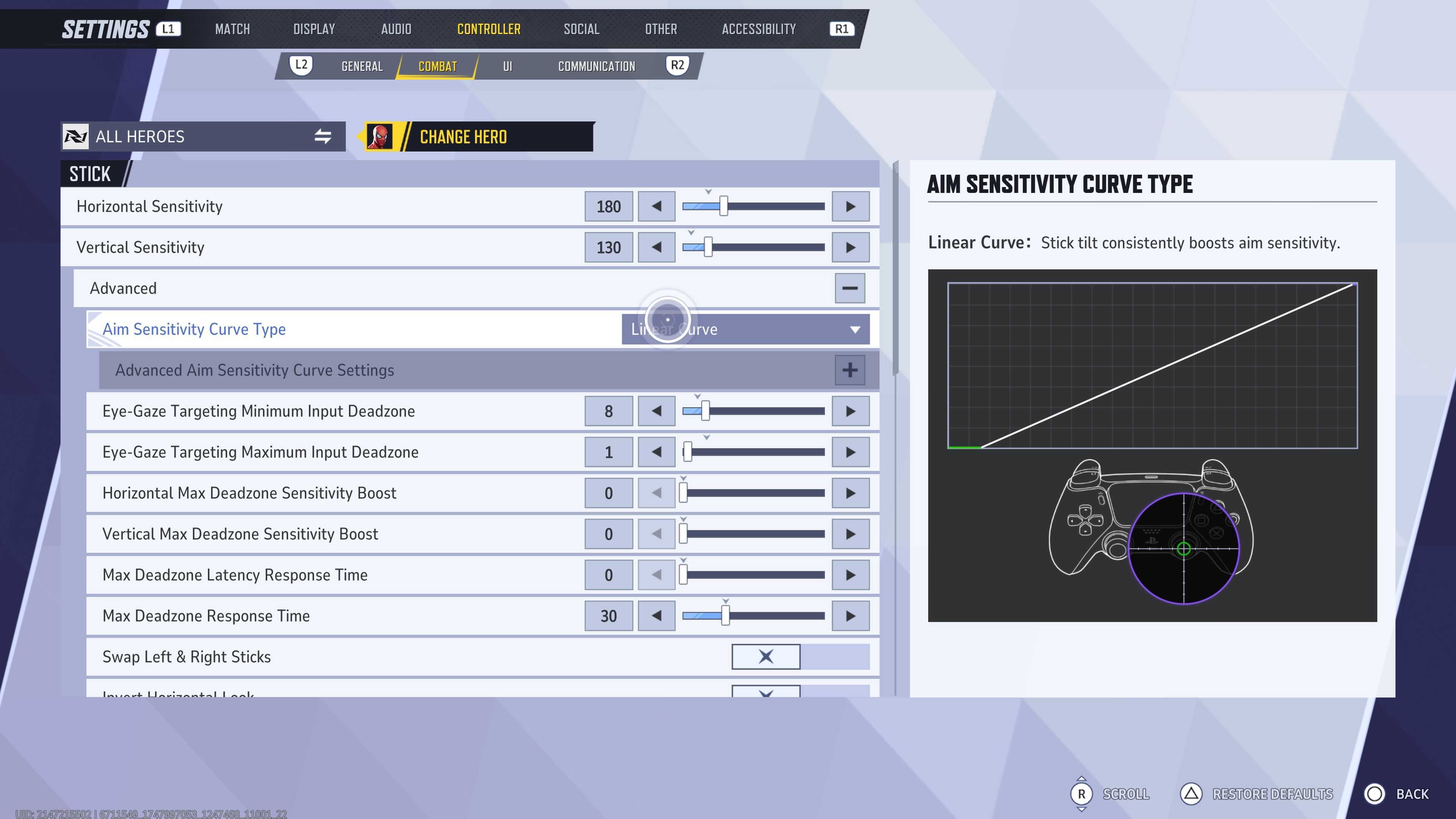 A Linear Aim Sensitivity Curve graph shown in the settings menu