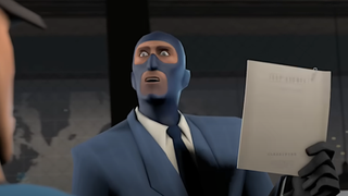 The Spy from Team Fortress 2 holds up a folder with an accusatory expression.