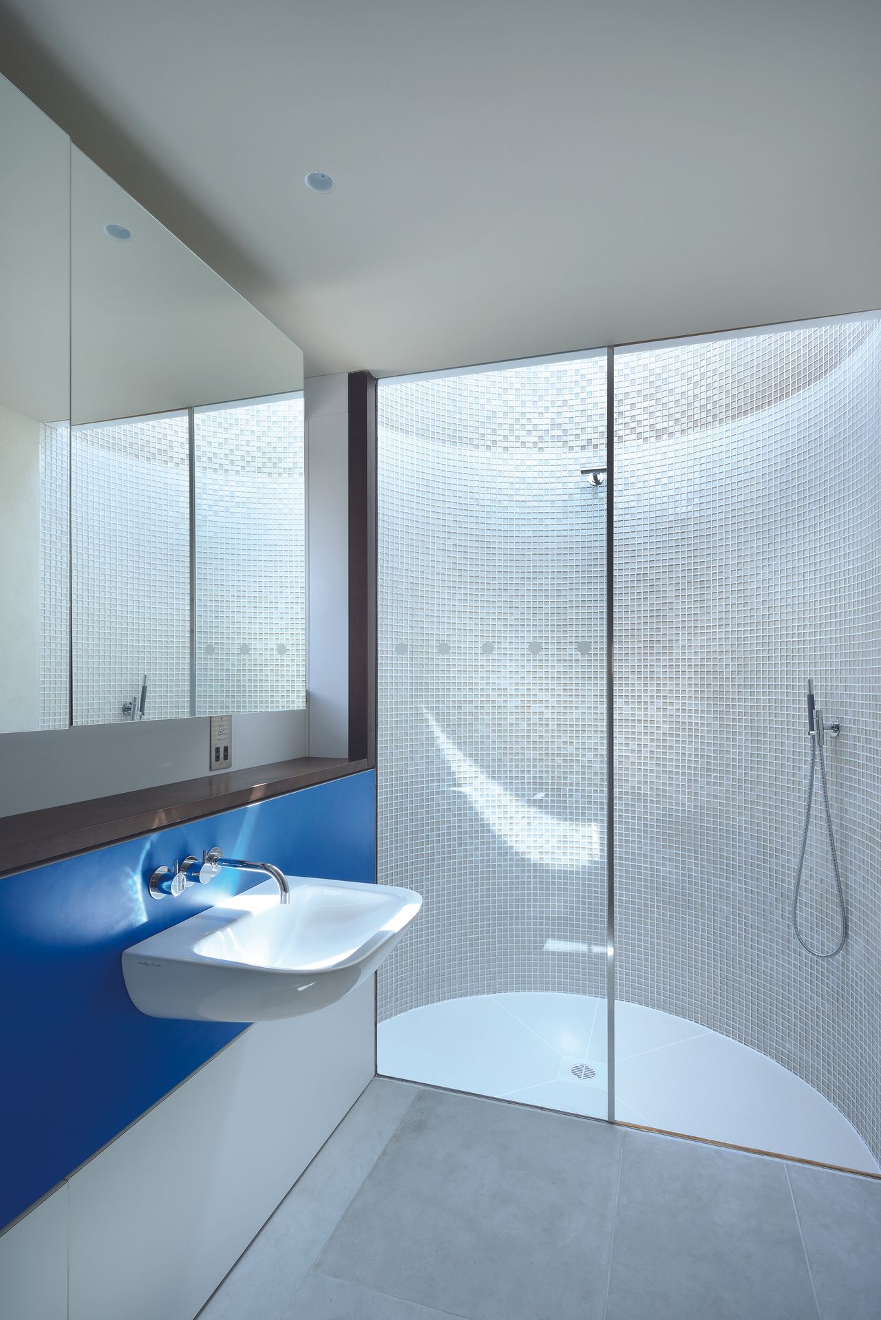 curved shower with rooflight above