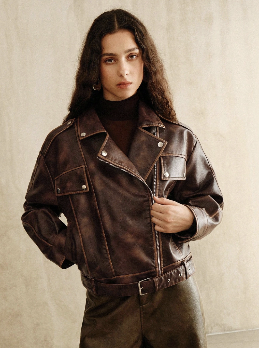 Anewsta, Vintage Leather Long Sleeve Zip-Up Casual Loose Jacket