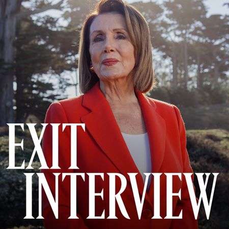 Nancy Pelosi posing in a red blazer outdoors, with large text reading &ldquo;EXIT INTERVIEW&rdquo; over the image.