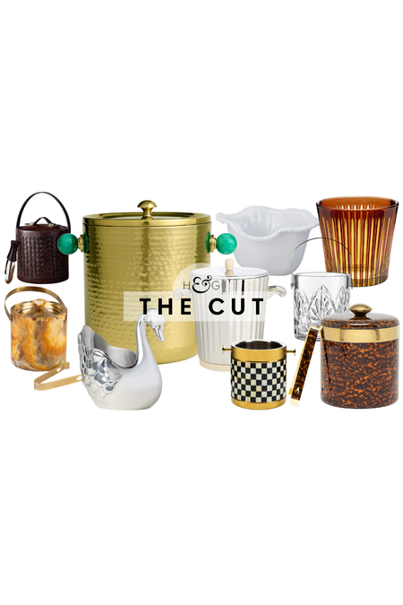 Chic ice buckets for summer outdoor entertaining pictured against a white background, including styles ranging from woven leather, resin, surrealist swan shapes, cut crystal, and faux tortoise.