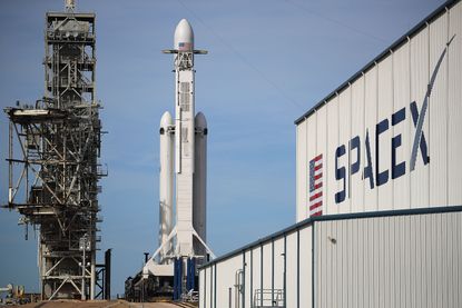 The SpaceX Falcon Heavy rocket on the launch pad