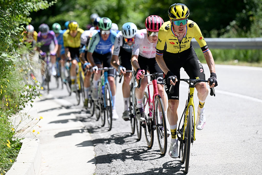 CASTELRAIMONDO ITALY MAY 17 Dylan Van Baarle of Netherlands and Team Visma Lease a Bike leads the breakaway during the 108th Giro dItalia 2025 Stage 8 a 197km stage from Giulianova to Castelraimondo UCIWT on May 17 2025 in Castelraimondo Italy Photo by Dario BelingheriGetty Images