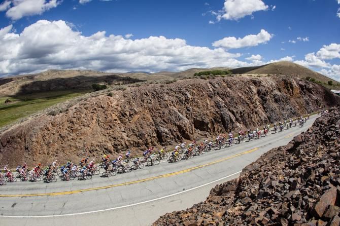 The peloton winds its way up Highway 50 on stage 3 of the USA Pro Challenge from Gunnison to Monarch Mountain