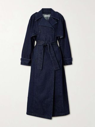 Double-breasted denim trench coat