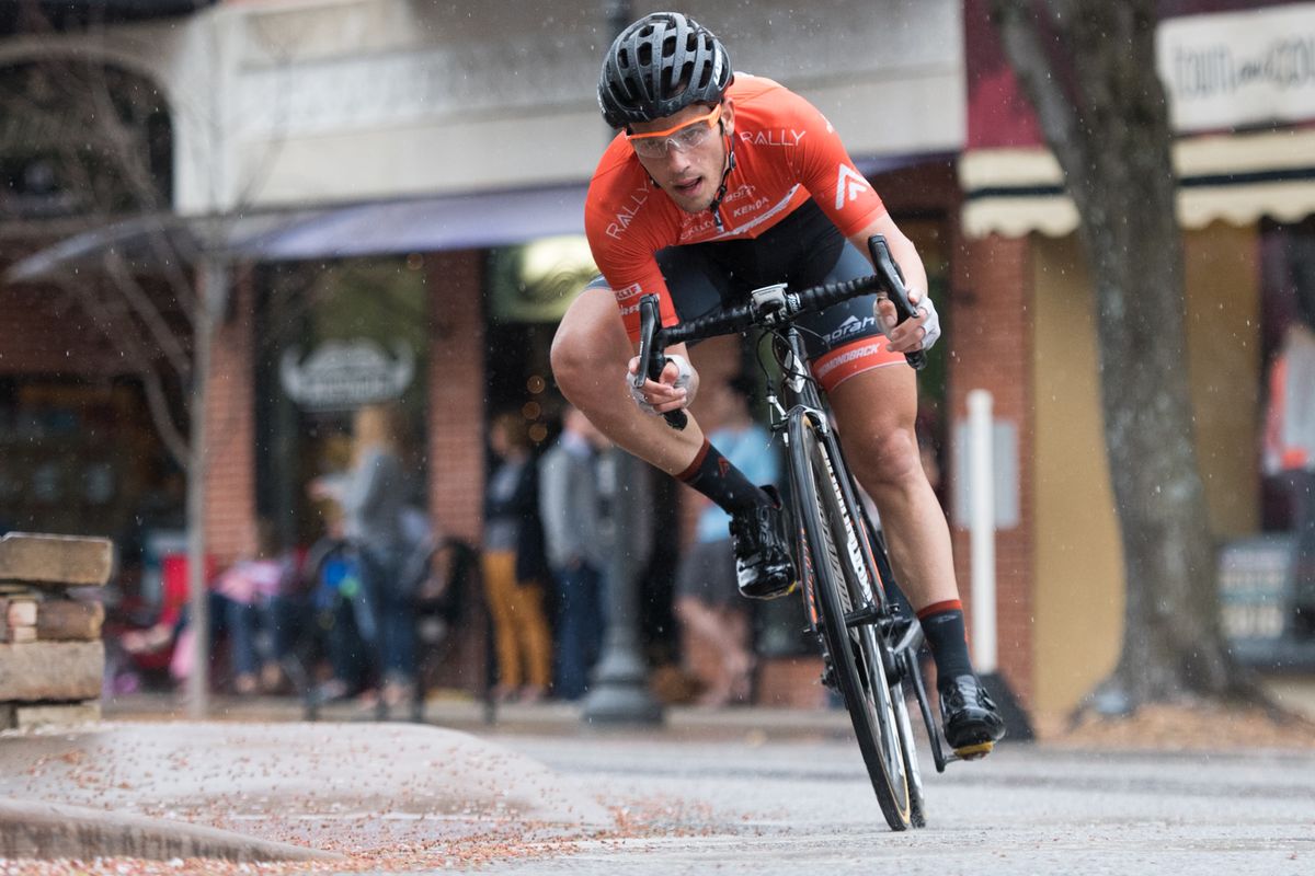Eric Young (Rally) takes a careful line in rainy conditions.