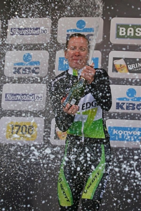 Judith Arndt celebrates her victory at the Tour of Flanders with what else but champagne
