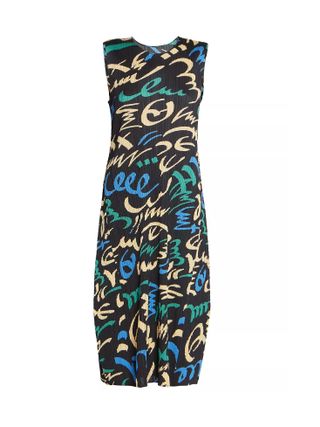 black sleeveless dress with blue, green, and yellow designs