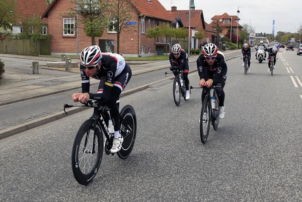 Frank Schleck leads his RadioShack-Nissan teammates in a recon of Saturday's time trial course.