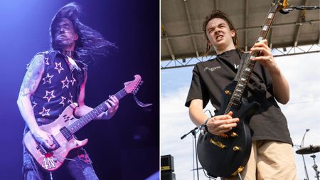 Nuno Bettencourt [left] of Extreme wears a star-patterned vest and plays his Washburn N4 electric guitar onstage; Teen prodigy Taj Farrant plays his Kiesel singlecut during an afternoon slot at Lollapalooza 2024.