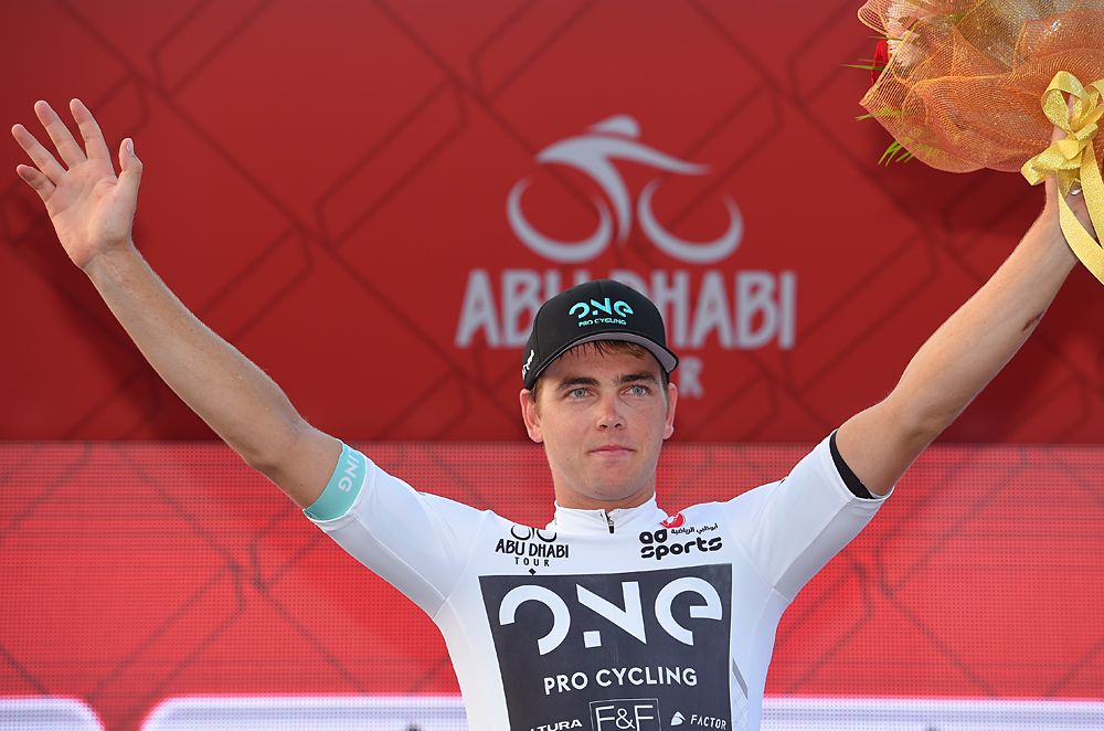 Dion Smith (One Pro Cycling) in the young rider jersey at stage 2 at 2016 Abu Dhabi Tour