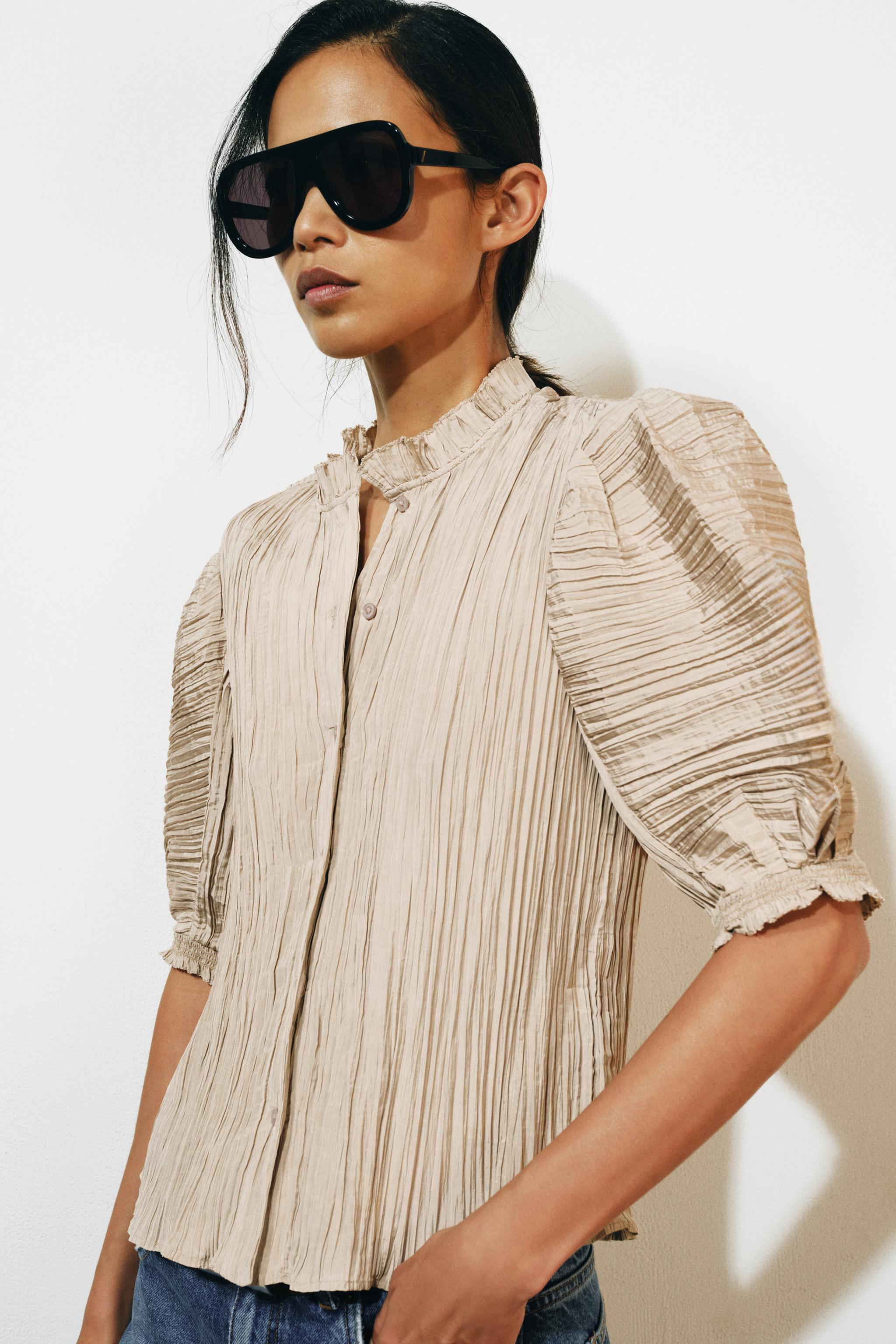 Zw Collection Puff Sleeve Shirt - Taupe Grey - Xs