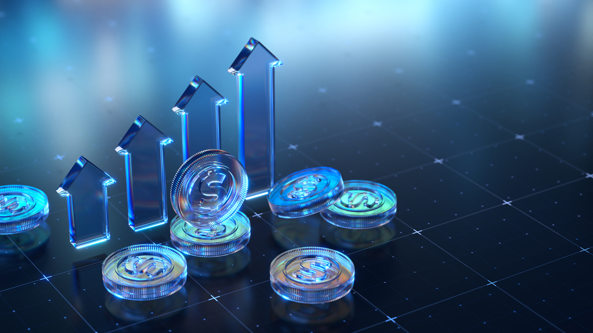 Futuristic-digital-coins-ascending-arrows-financial-growth