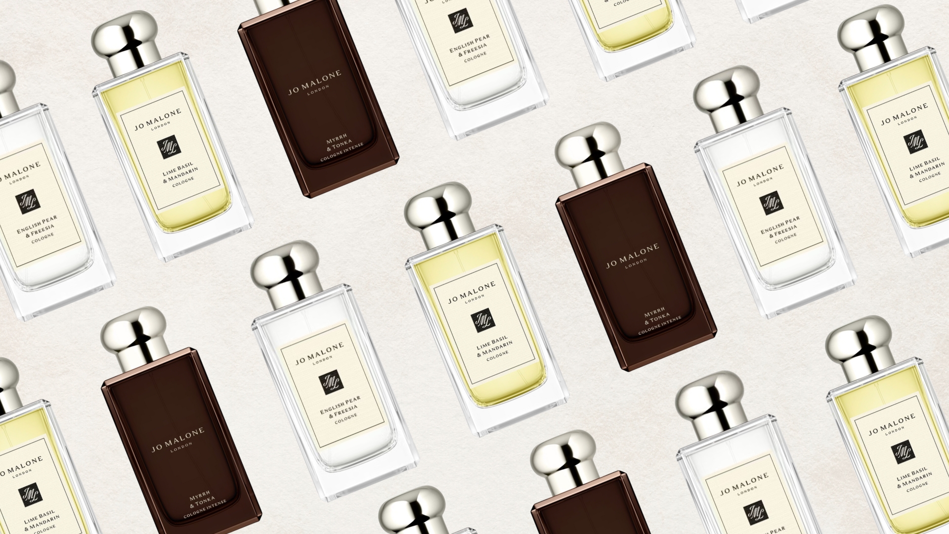 A collage of some of the best Jo Malone perfumes, including English Pear & Freesia, Lime Basil & Mandarin and Myrrh & Tonka, all arranged in a diagonal, alternating pattern across a cream background.