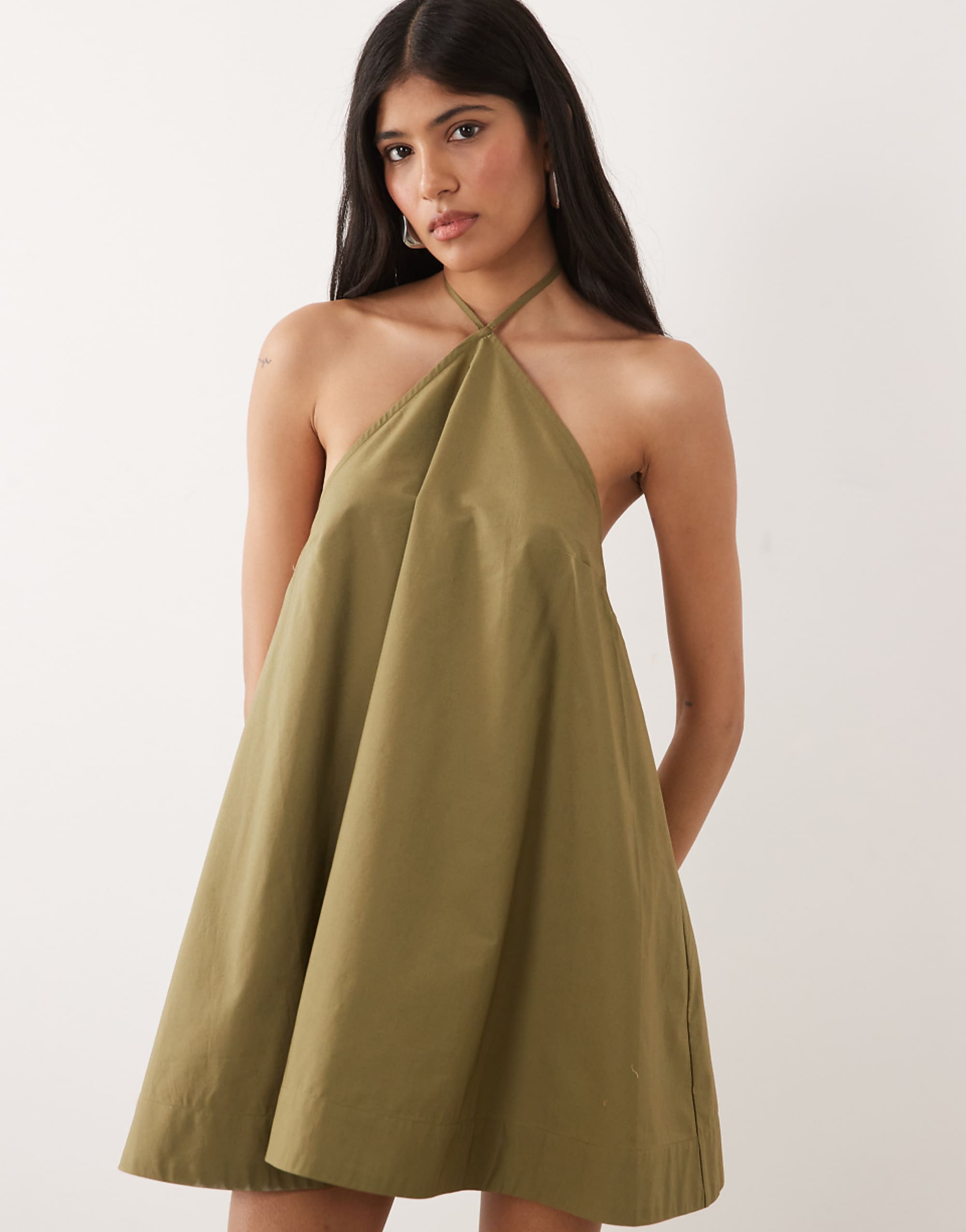 Asos Design Poplin Halter Neck Swing Mini Sundress in Olive